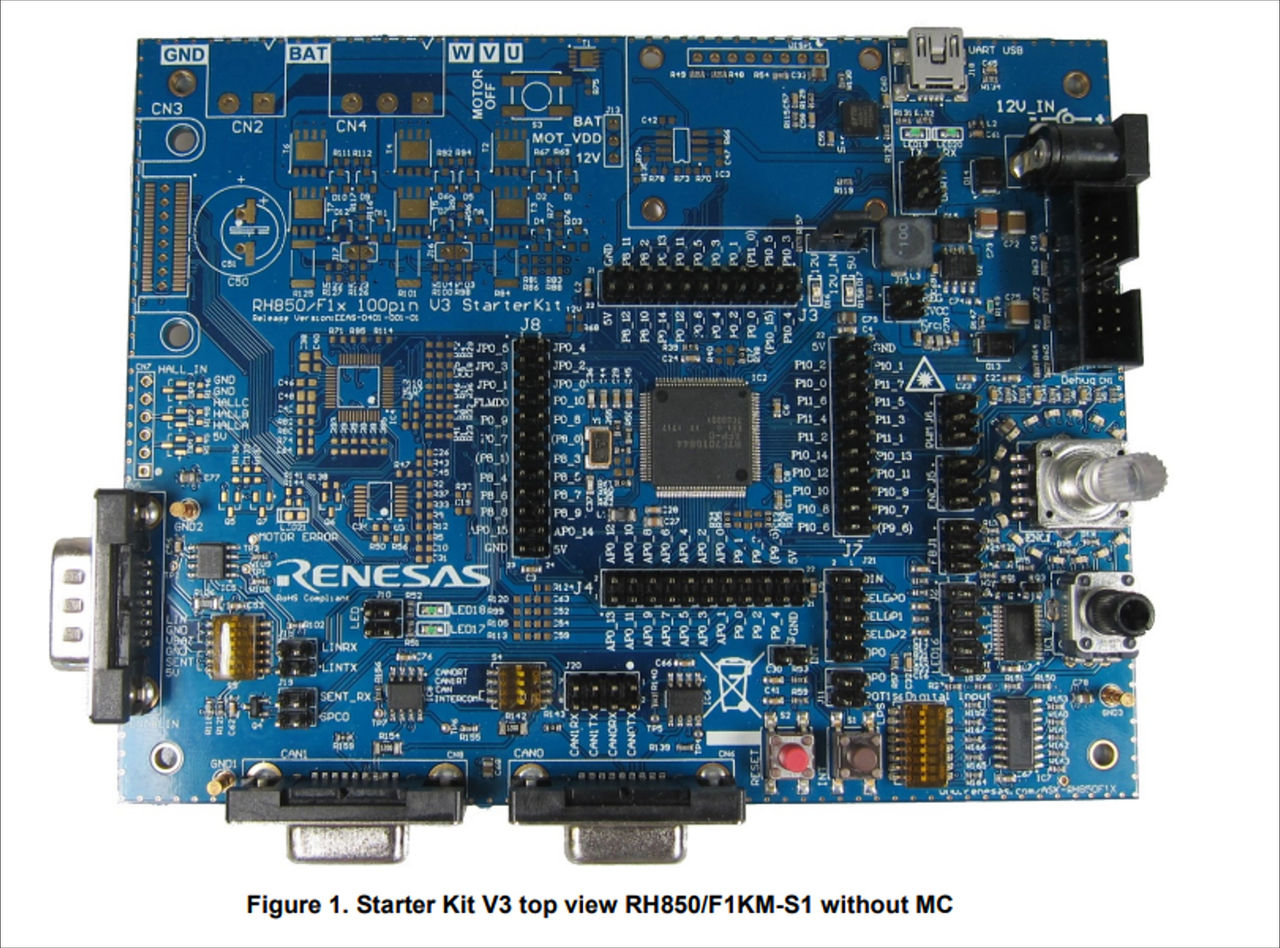 图1 Y-ASK-RH850F1KM-S1-V3 板子实物图 (来源：瑞萨 RH850 F1KM-S1 Starter Kit V3 User Manual: Hardware)
