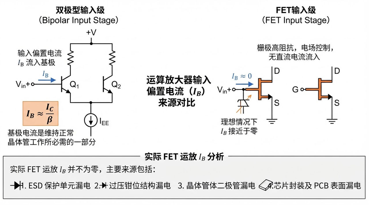图4 运算放大器输入偏置电流来源对比